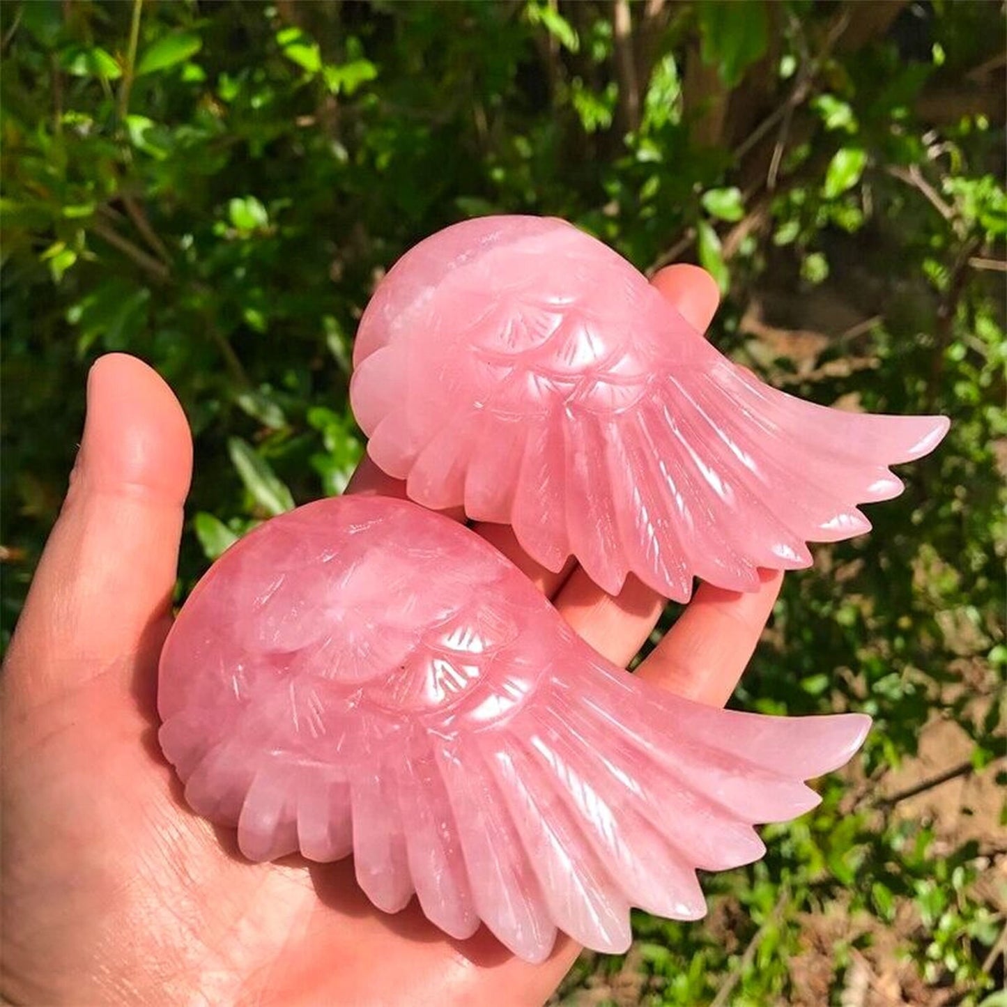 Crystal Rose Quartz Angel Wings Carving Ornament Healing Reiki