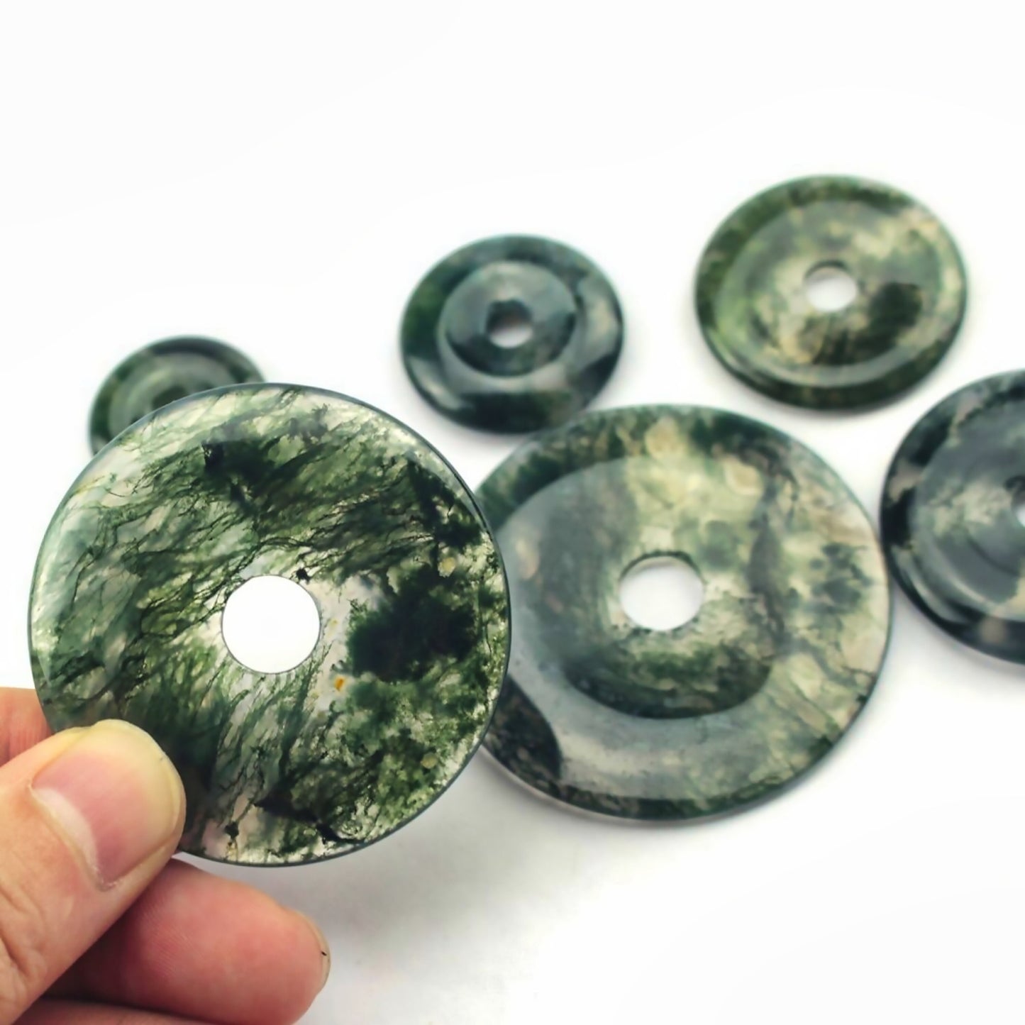 Natural Moss Agate Crystal Donut Pendant DIY Necklace Jewelry Loose Beads Healing