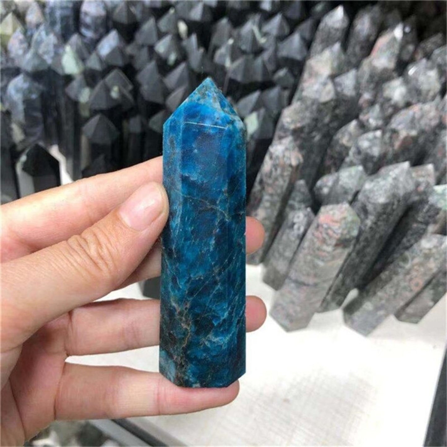 Natural Blue Apatite Quartz Crystal Tower Wand