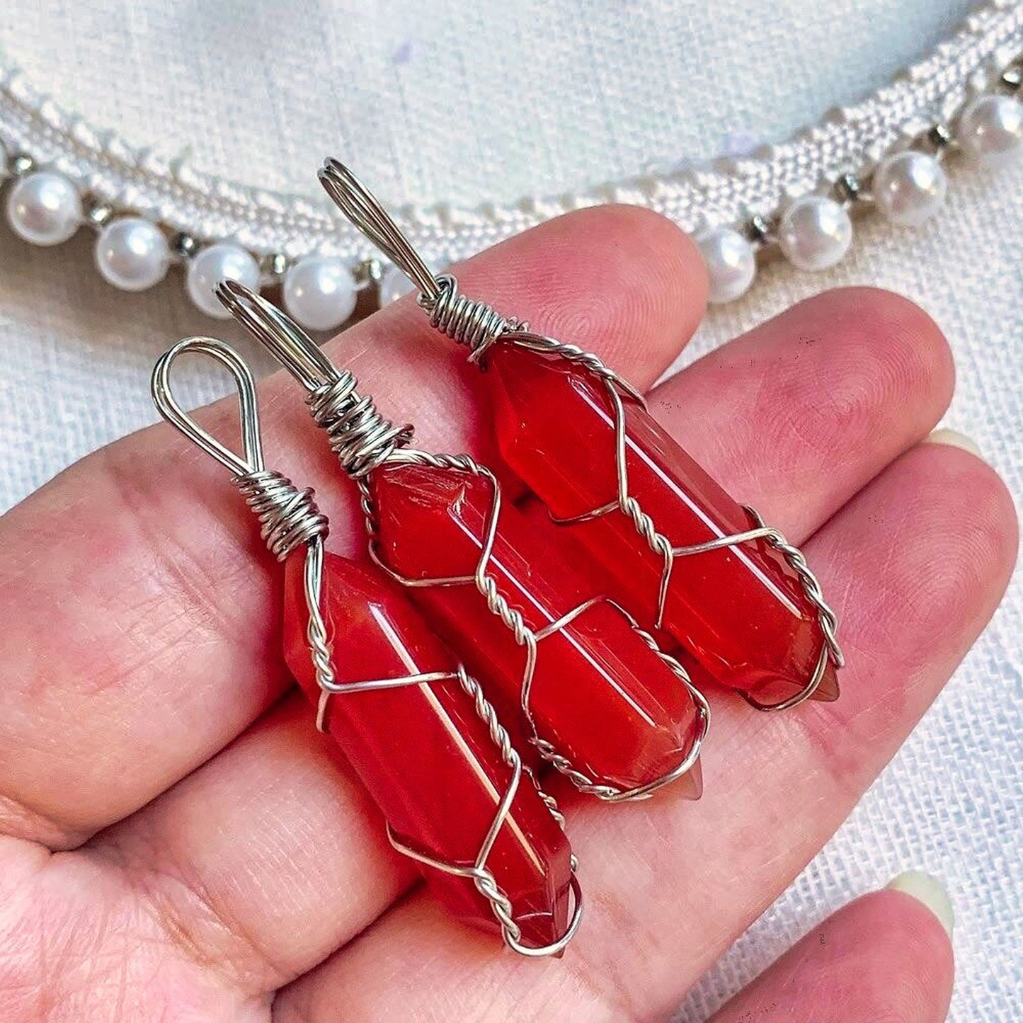Natural Crystal Red Agate Pendant Wire Wrapped DIY Healing Reiki