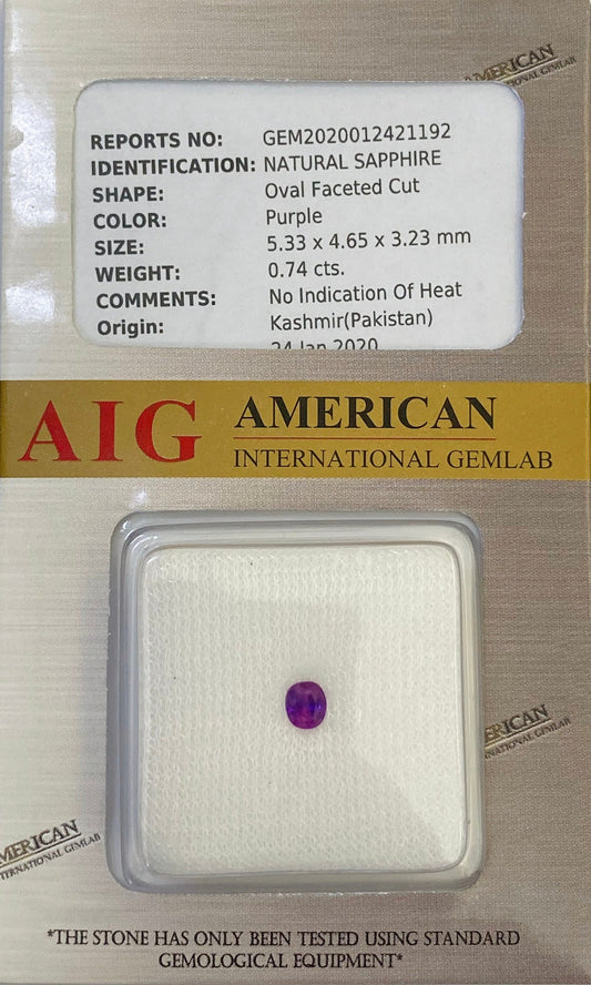 RARE AIG Certified 0.74 Natural Unheated Kashmir Sapphire