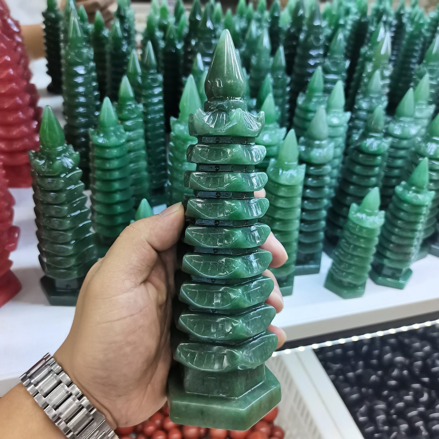 20cm Dongling Jade Pagoda Point Carved Stone for Energy and Chakra Healing - Natural Wenchang Tower Crystal