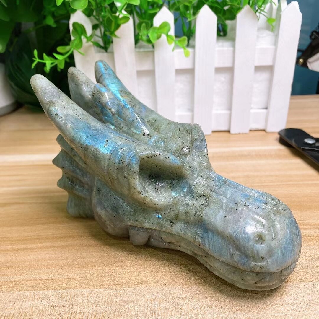 Natural Labradorite Dragon Head Skull Crystal Animal Carving - 150mm Large Size for Healing Energy and Halloween Home Decoration