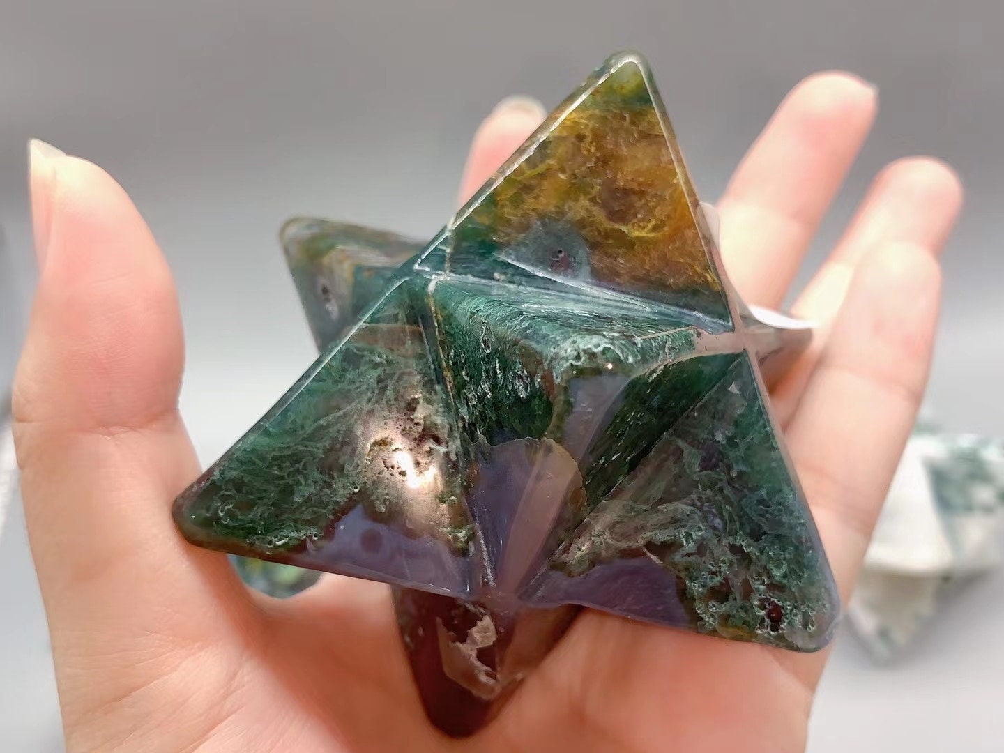 Natural Water Grass Agate Crystal Merkaba Stars - 50mm Gemstone for Meditation, Healing & Positive Energy