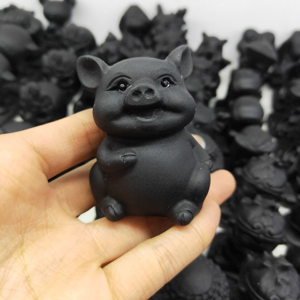 Natural Obsidian Quartz Pig Figurine - Hand Carved Animal Ornaments for Home Decoration and Crystal Healing