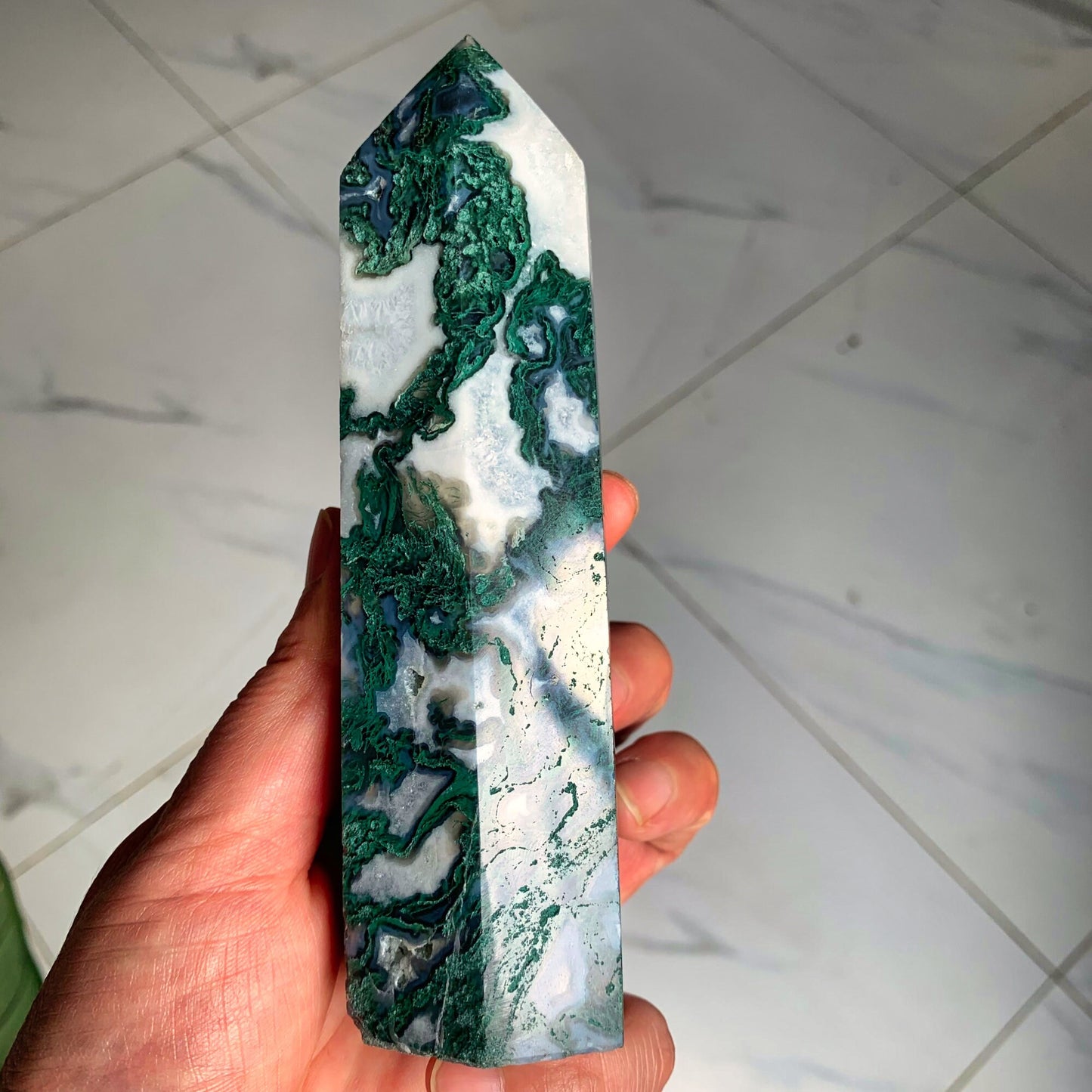 Natural Moss Agate Crystal Obelisk Wand Tower for Reiki Healing
