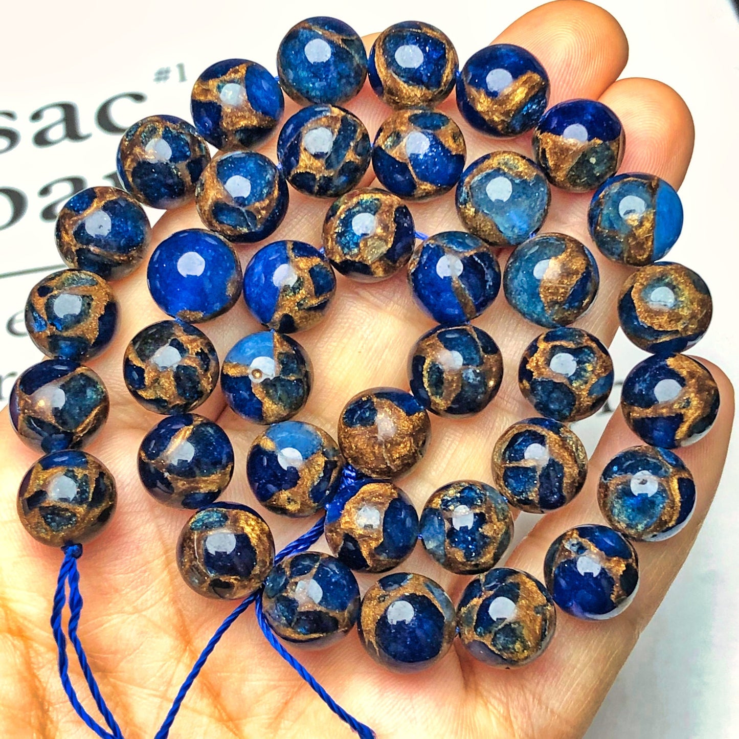 Dark Blue Cloisonne Gold Sand Natural Stone Spacer Rondelle Beads for DIY Jewelry Making - 7.5 Inches
