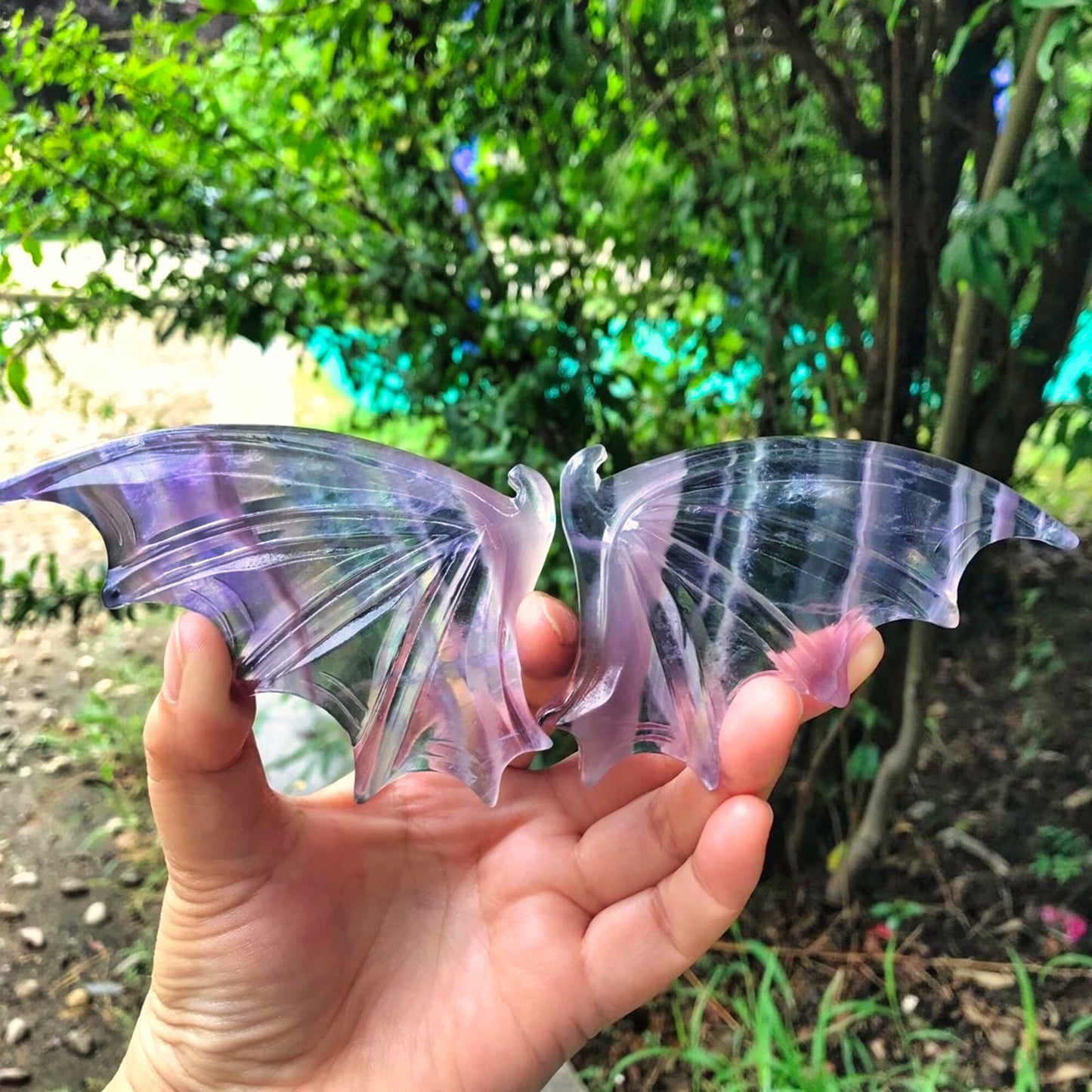 Natural Crystal Carving Fluorite Bat Wing Crafts - Healing Gemstone for Gifts, Home Ornament and Decoration (1 Pair)