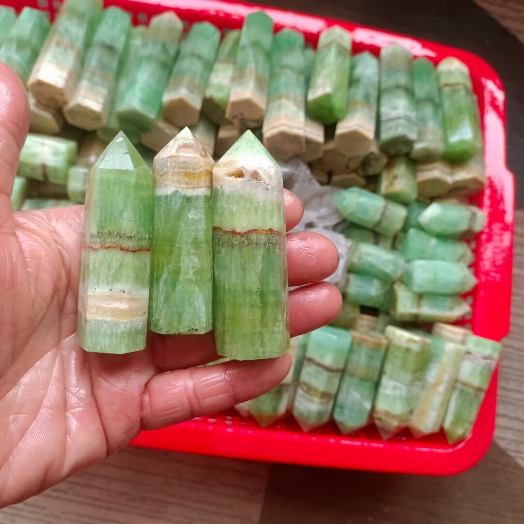 Natural Caribbean Calcite Yellow Veins Point Minerals and Crystals, Set of 10 Polished Wands for Home and Office Decor, Healing Stones