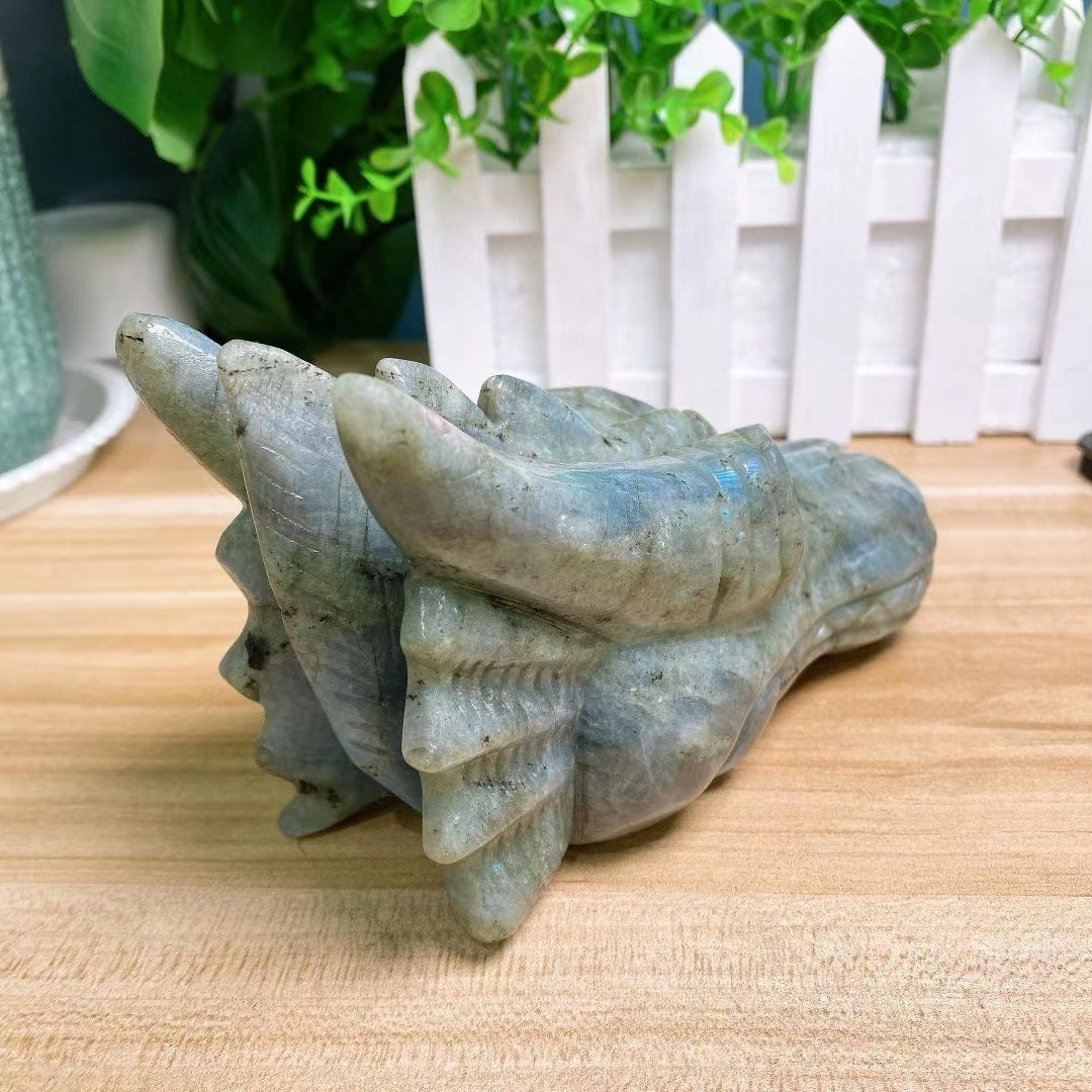 Natural Labradorite Dragon Head Skull Crystal Animal Carving - 150mm Large Size for Healing Energy and Halloween Home Decoration