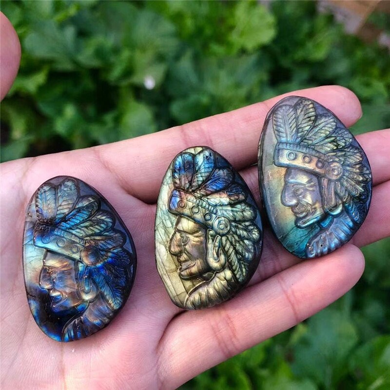 Hand-Carved Natural Labradorite Crystal with Indian Stone Carvings for Decoration, Healing, and Gifting.