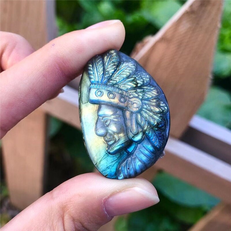 Hand-Carved Natural Labradorite Crystal with Indian Stone Carvings for Decoration, Healing, and Gifting.