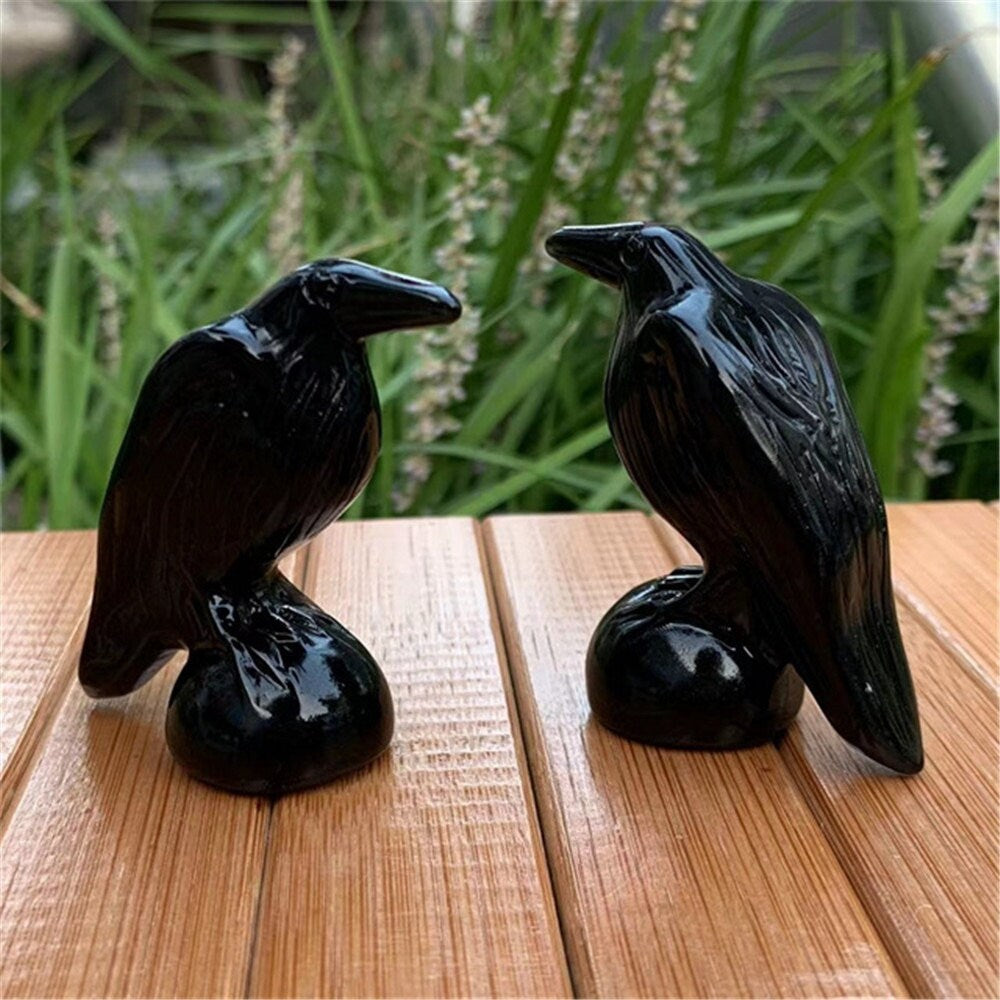 Natural Black Obsidian Quartz Crystal Raven Figurine for Home Decoration - Hand-Carved Semi-Precious Stone Craft