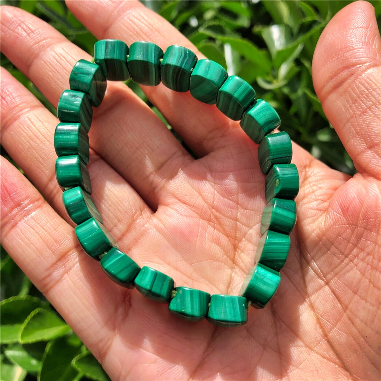 Natural Malachite Bracelet - Square Bead Bangle with Crystal Quartz Healing Stone for Women and Men - Jewelry Gift
