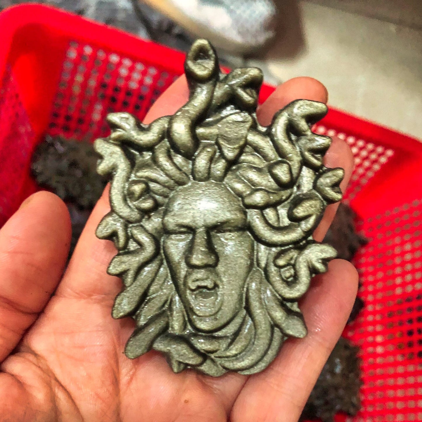 Hand Carved Silver Obsidian Medusa Head Sculpture - 8CM Natural Crystal Healing Craft for Wicca Decoration