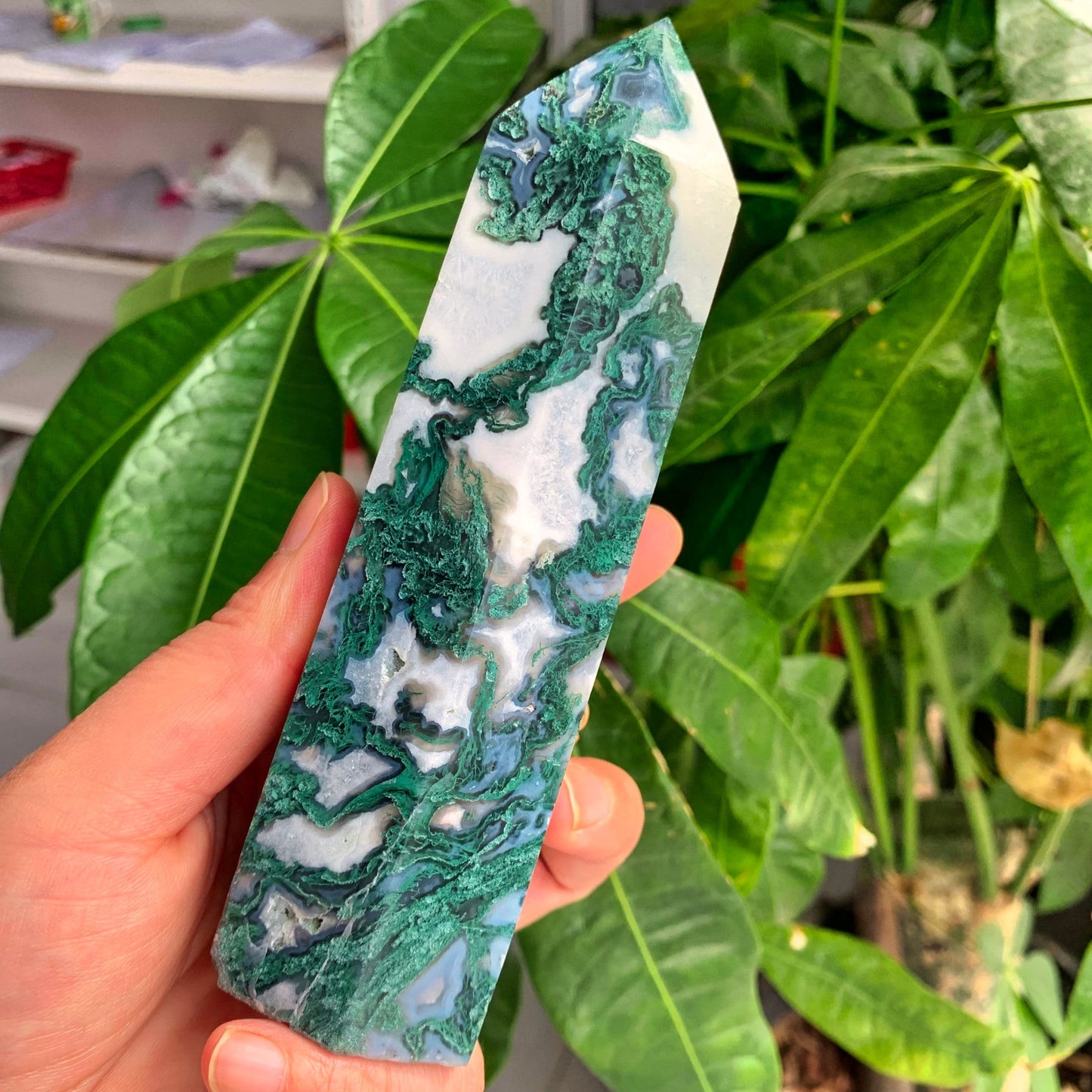 Natural Moss Agate Crystal Obelisk Wand Tower for Reiki Healing