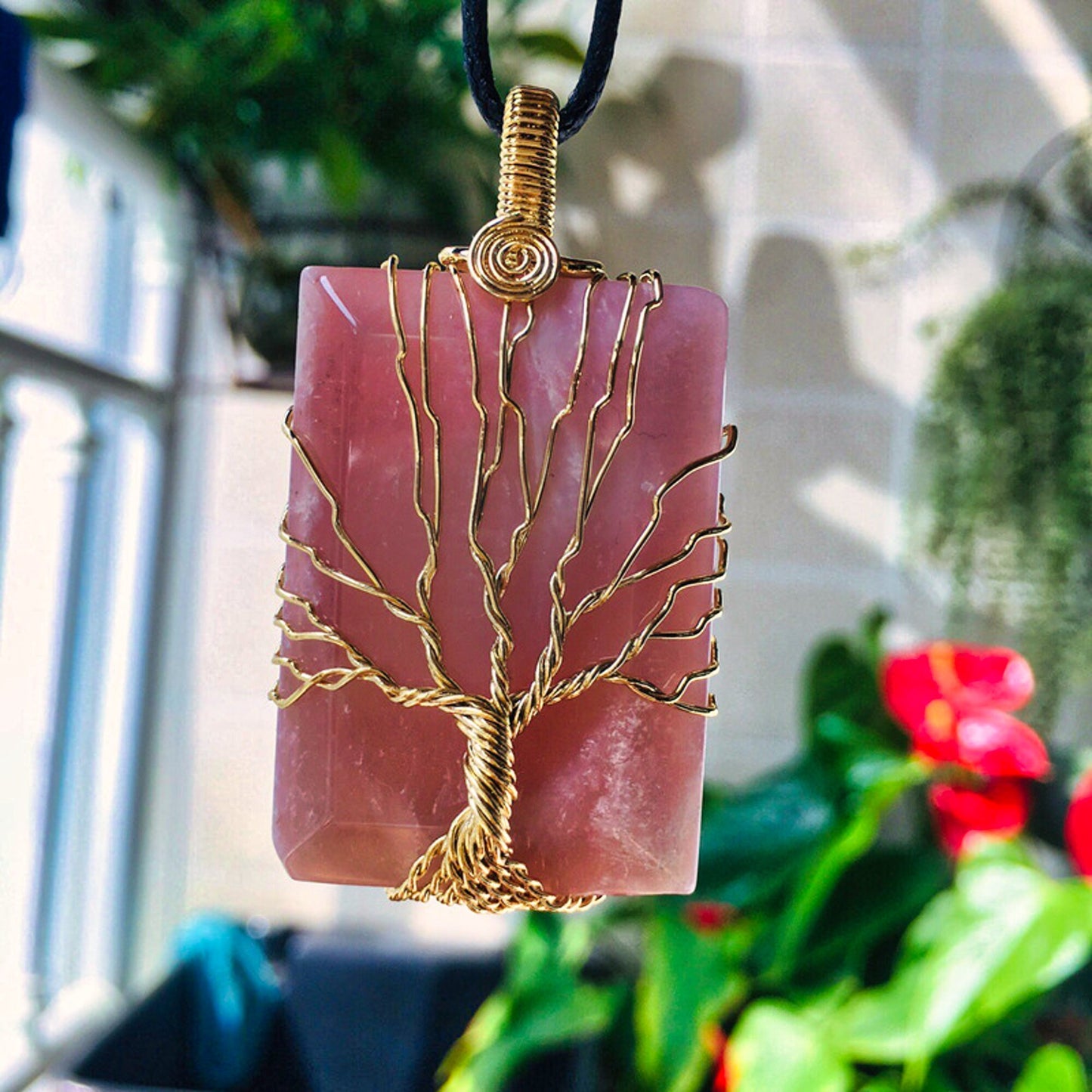 Handmade Pink Tree of Life Natural Stone Pendant Necklace for Women and Girls - Wire Wrapped Rectangle Stone Pendant