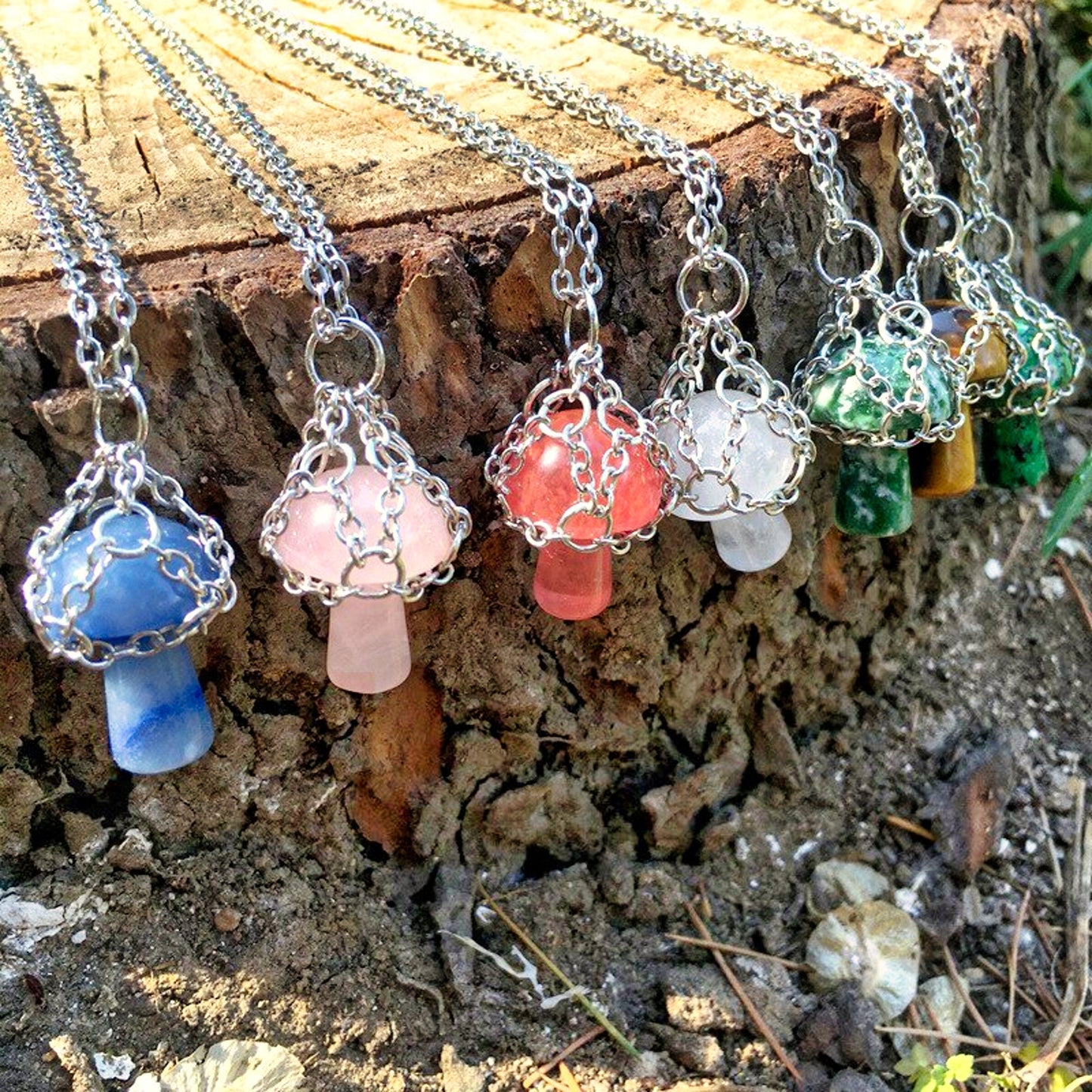 Handmade Natural Stone Wire Wrapped Healing Mushroom Crystal Necklace for Women and Men