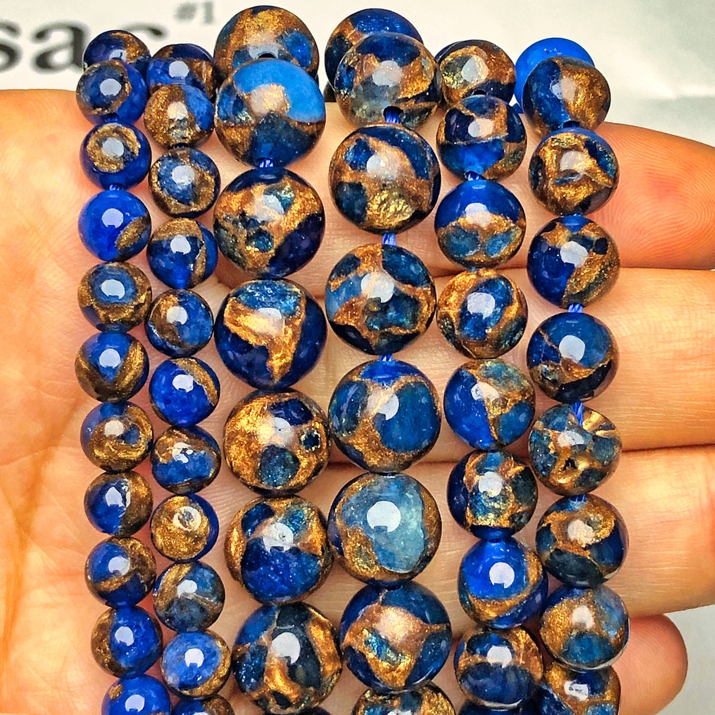 Dark Blue Cloisonne Gold Sand Natural Stone Spacer Rondelle Beads for DIY Jewelry Making - 7.5 Inches