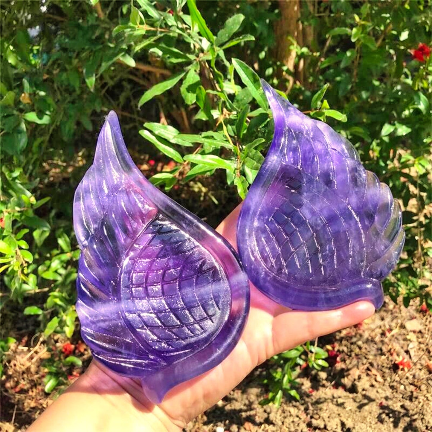 Natural Fluorite Crystal Carved Wing Statues- Set of 2 for Healin, Feng Shui, Aesthetic Home Decor and Reiki