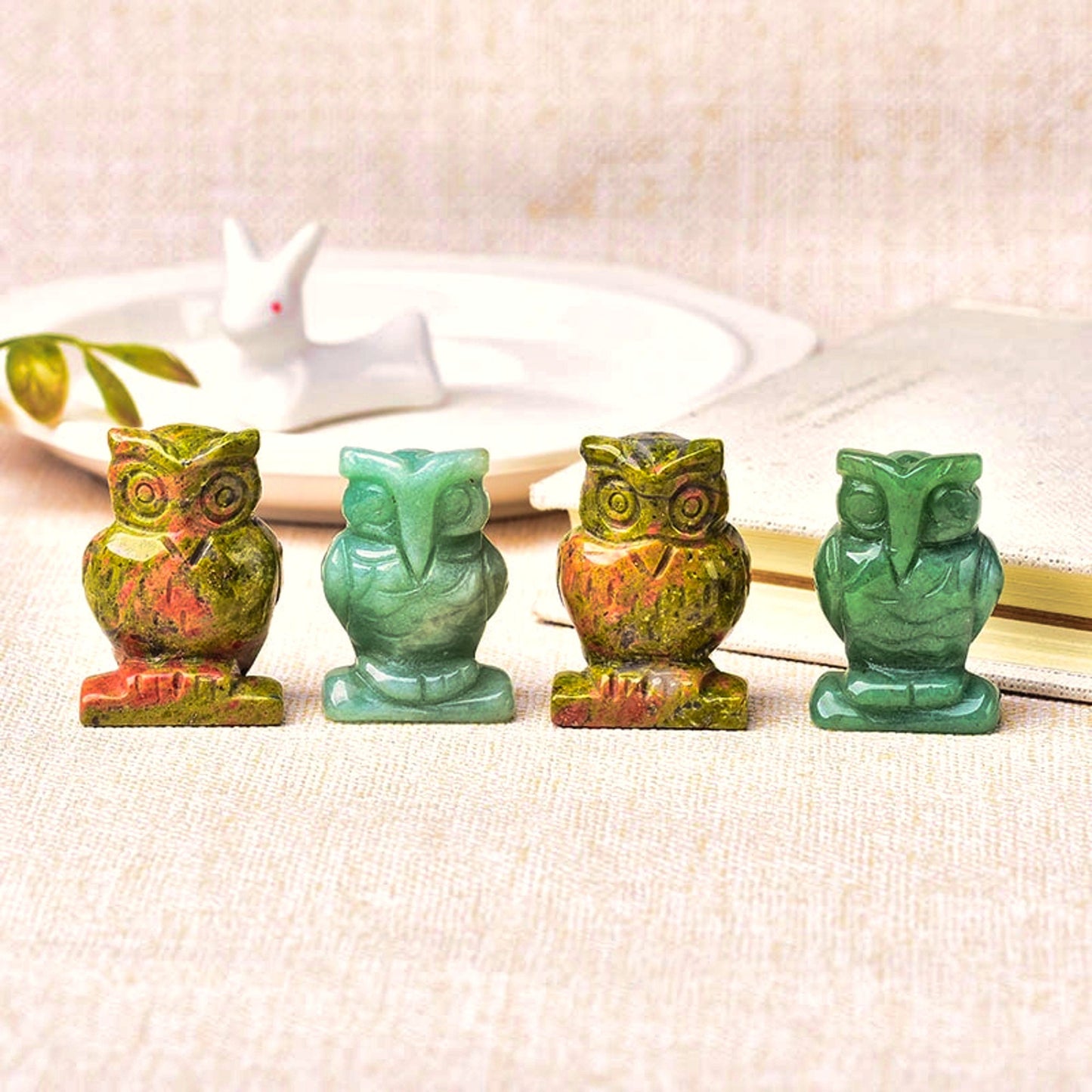 Natural Stone Carved Owl Animal Ornaments for Home Decoration - Aventurine Unakite Crystal Quartz Handmade Figurine Craft