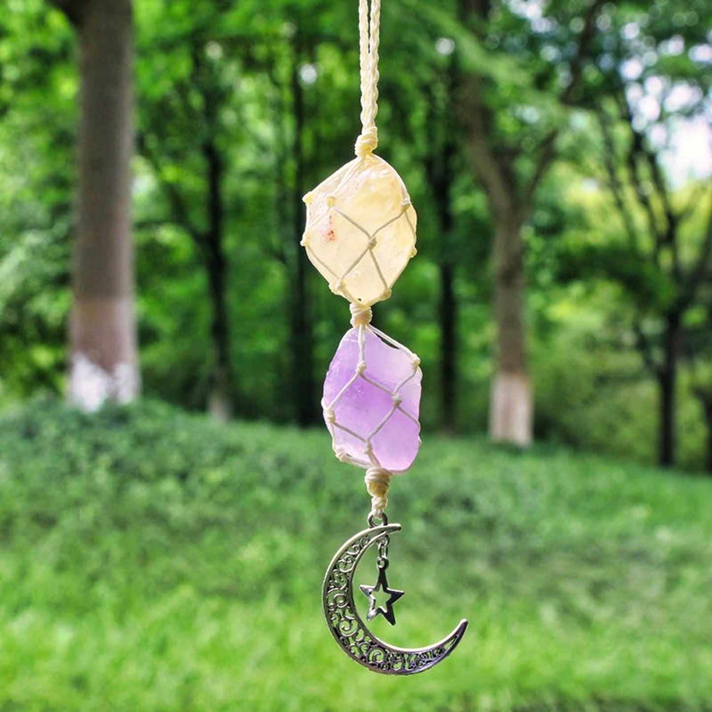 Custom Crystal Car Charm, Macrame Hanger, Women's Lucky Car Accessory, Rear View Decor, Personalized Crystal Vehicle Accent Good vibes Heal